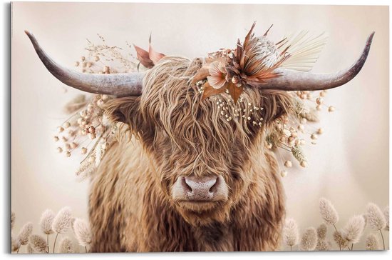 Tableau Animaux Highlander en fleurs 60x90 cm Bois
