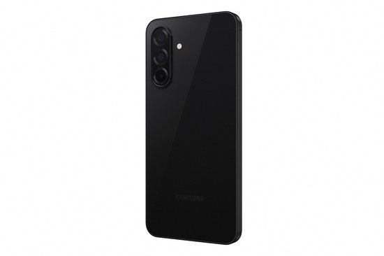Zwarte Samsung Galaxy A26 5G, zijkant profiel, met drievoudige camera.