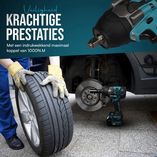 Persoon met handschoenen verwisselt autoband met Makr slagmoersleutel, koppel 1000Nm.
