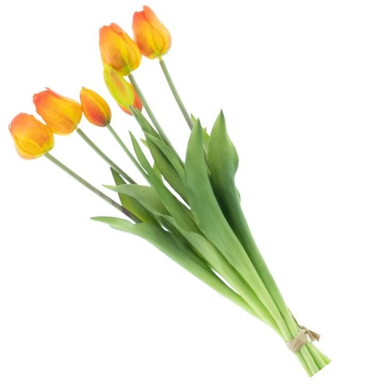 Bouquet de tulipes artificielles Bellatio Design Sally - 7 pièces - orange - toucher réel - 47 cm