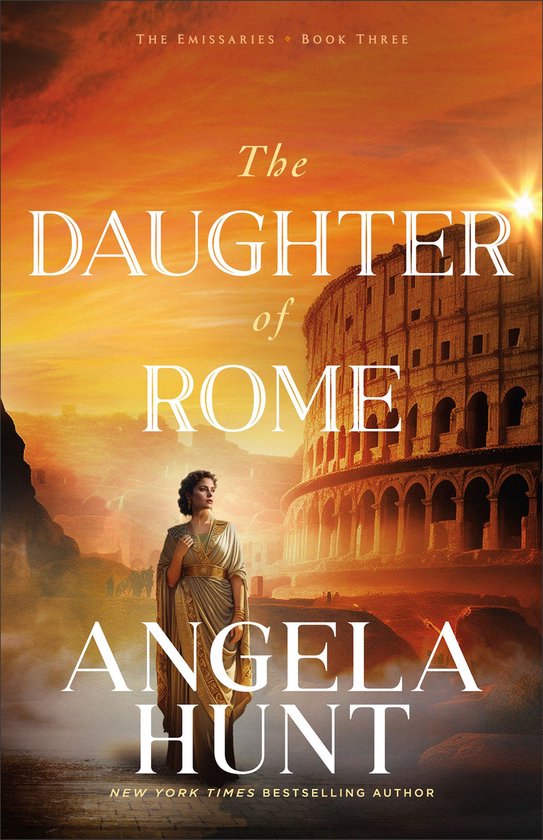 Boekcover met Romeinse vrouw in toga voor het Colosseum bij zonsondergang. Titel: The Daughter of Rome.