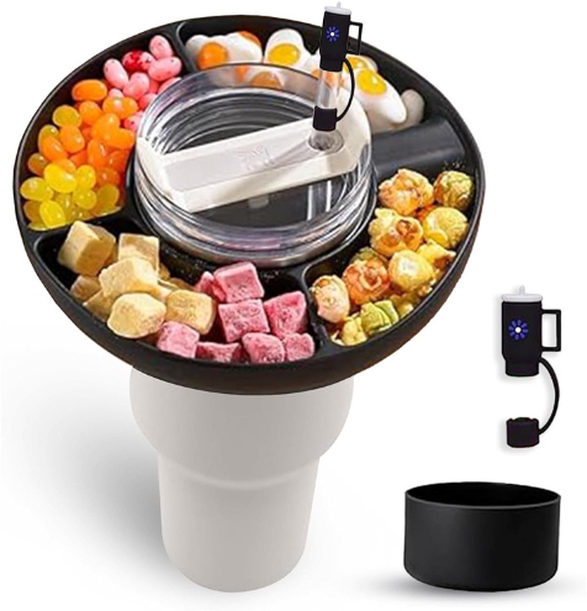 Snack Tray Voor Stanley Cup 40 Oz - 4 Siliconen Compartimenten Lade Met Stanley Cup Accessoires Kit Bodem Boot & Stro Cover Caps - Past 40 Oz Quencher H2.0 Cup - Stanley Cup Accessoires (Zwart)