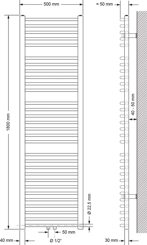 Badkamer radiator middenaansluiting 500x1800 mm wit gebogen met ...