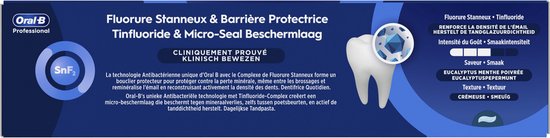 Oral-B Professional tandpastadoos, Tinflouride & Micro-Seal Beschermlaag. Klinisch bewezen. Blauwe doos met tand-icoon.