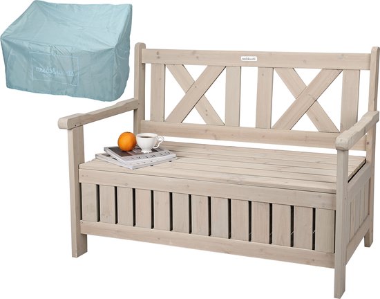needs&wants® Banc de jardin en bois résistant aux intempéries avec espace de rangement et couverture, banc de coffre 2 places en bois classique, banc de parc banc massif jardin extérieur avec coffre, bois naturel massif, gris-beige
