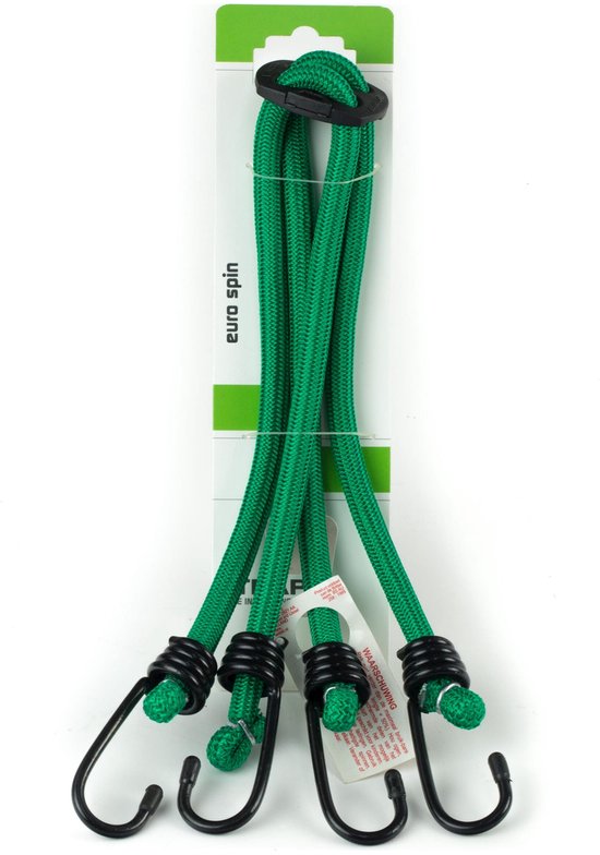 Groene "euro spin" snelbinder met zwart verstelstuk en 4 haken.