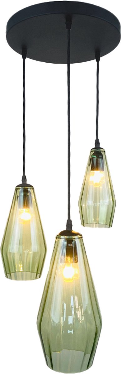 Olucia - AIMEE - Hanglamp - Groen / Zwart - 3L - Vorm: Kegel