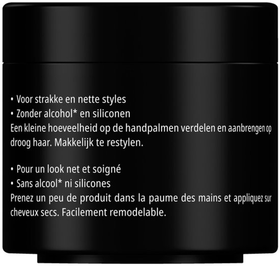 Zij-aanzicht van de Syoss Max Hold Wax pot. Zwart met witte tekst in het Nederlands en Frans over gebruik.