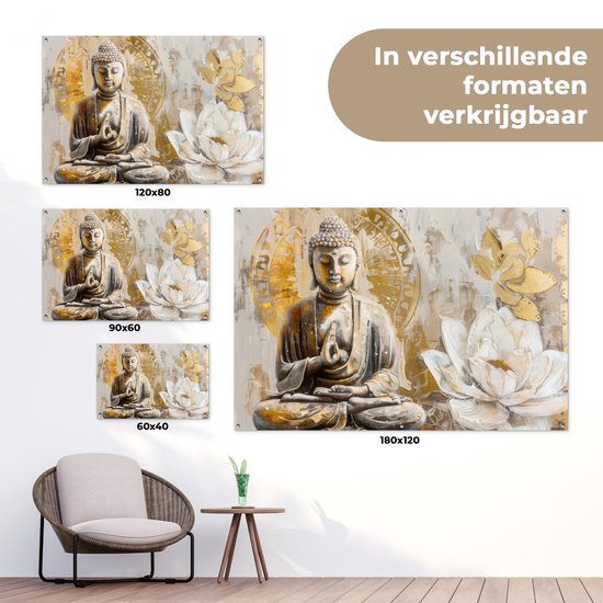 Affiche de jardin 120x80 cm - Décoration de jardin Bouddha - Bloem - Lotus - Wit - Goud - Zen - Affiche pour le jardin - Décoration extérieure - Tableau de jardin clôture - Décoration murale sur toile de jardin - Décoration murale sur toile de balcon