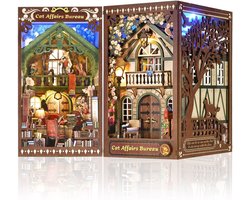 Book Nook Kit-Katten kantoor-Houten modelbouw voor Volwassenen-Tweezijdig model Bouwpakket-Met led en stofkap-DIY Miniatuur Poppenhuis Boekennook -3D Houten Boekennook Miniatuurkit met LED-licht