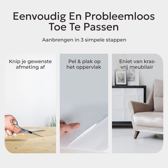Drie stappen om meubels te beschermen: knippen, pel & plak, en krasvrij meubilair. Tekst: 'Eenvoudig En Probleemloos Toe Te Passen'.