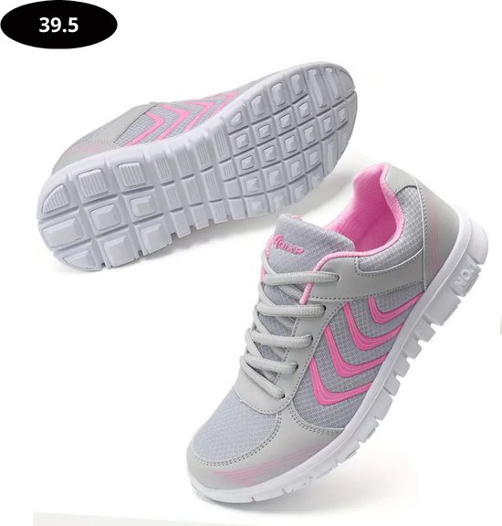 Grijze sneakers met roze accenten, maat 39.5, getoond met zool en zijkant.