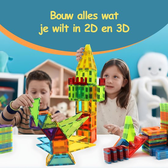 Kinderen bouwen met felgekleurde magnetische blokken, waaronder een hoge toren en een brugconstructie.