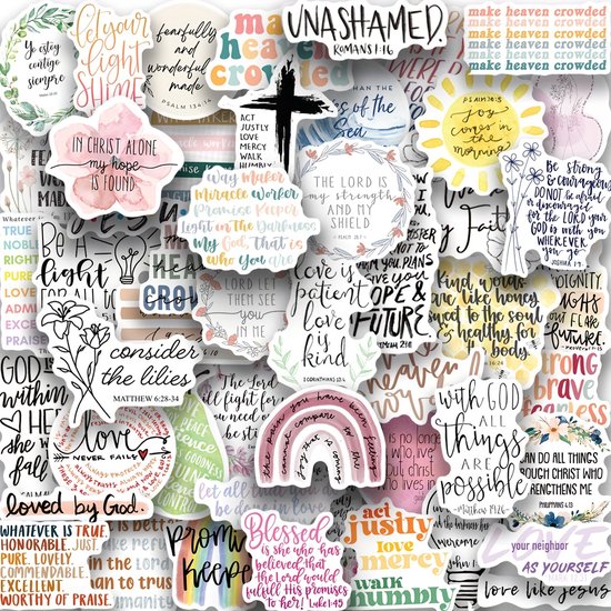 Een mix van christelijke stickers met Bijbelteksten, waaronder 'Unashamed' en 'Make Heaven Crowded'.