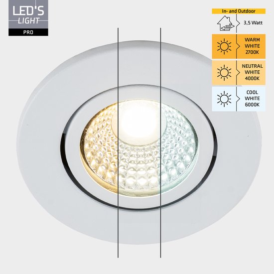 Witte inbouwspot met drie instelbare lichtkleuren: warm wit 2700K, neutraal wit 4000K, koel wit 6000K.