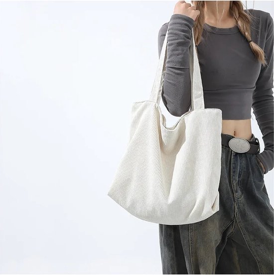 Sans Citron - Sac à bandoulière en velours côtelé - Sac fourre-tout - Velours côtelé - Étudiants - École - Travail - Voyages - Shopping - Fermeture éclair - Geen accessoire inclus - Wit