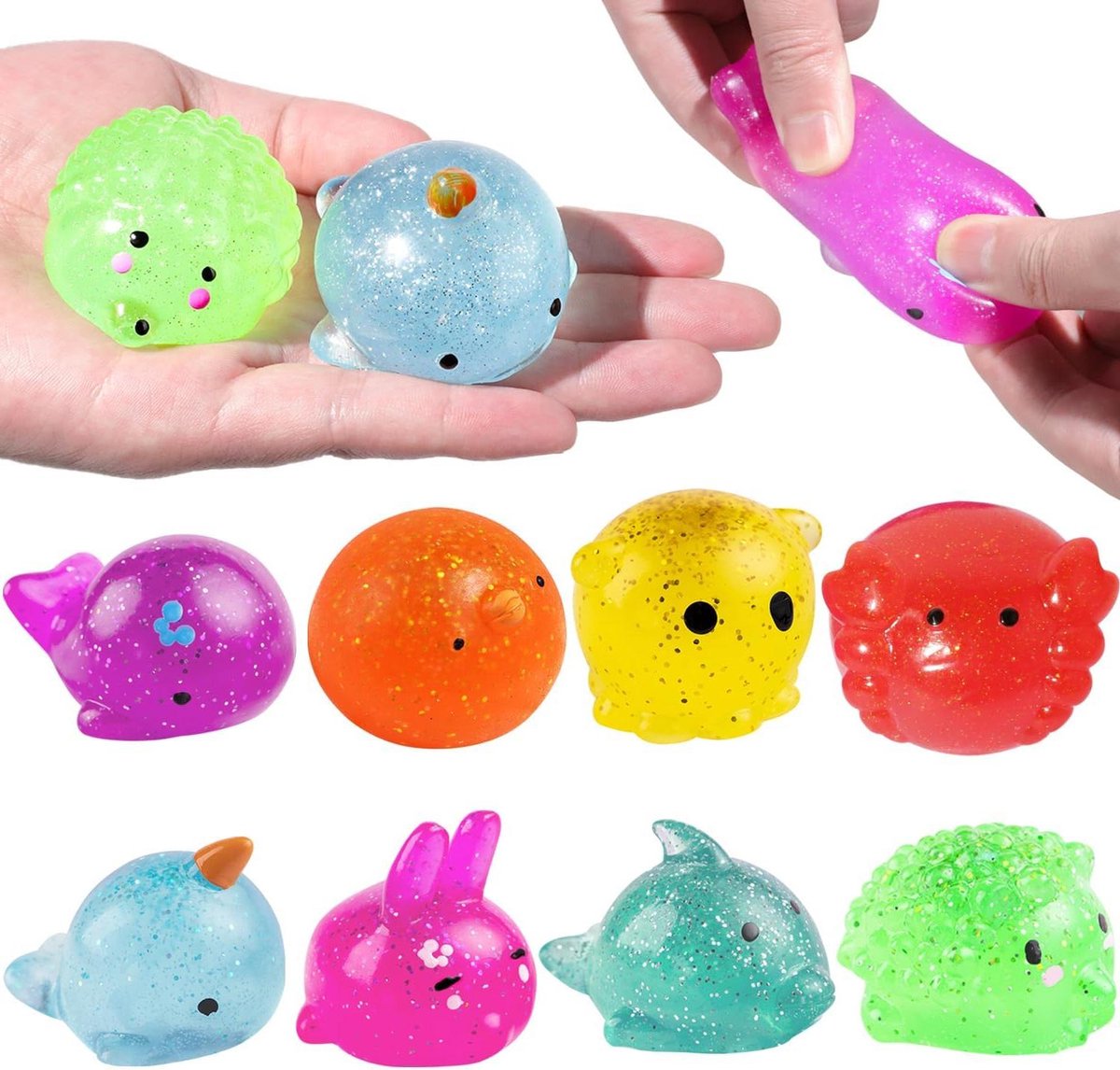 Squishy Kawaii Mochi glitter anti-stress ballen - 8 stuks - dieren knijpen speelgoed voor kinderen en volwassenen - verjaardagscadeaus ADHD autisme