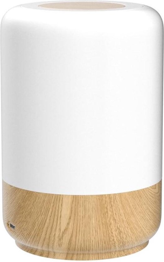 Lampe LED cylindrique avec une partie supérieure blanche et une base aspect grain de bois, avec un port USB sur le côté.