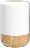 Lampe LED cylindrique avec une partie supérieure blanche et une base aspect grain de bois, avec un port USB sur le côté.