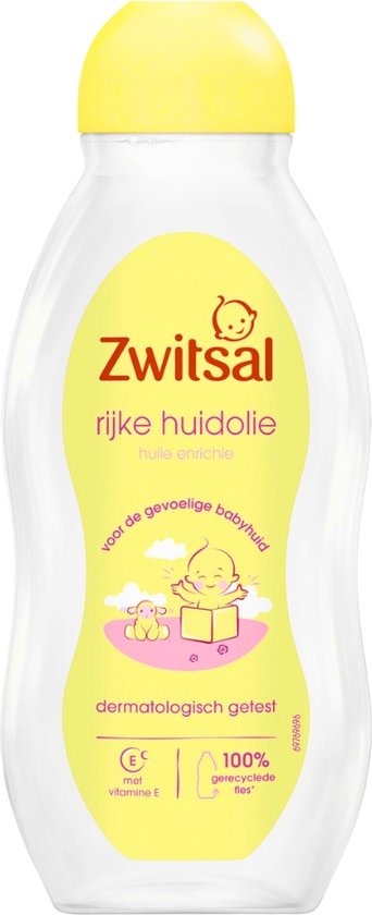 Zwitsal rijke huidolie met avocado, dermatologisch getest. De fles is 100% gerecycled.