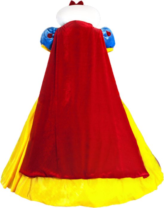 Achterkant van een prinsessenjurk met rode cape over blauwe en gele stoffen.
