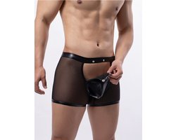 PleazureX Leren boxer met losmakende kruis - opwindend - nachtclub - sexy - doorschijnend - heren lingerie - Maat L