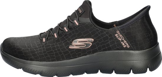 Zwarte Skechers Slip-Ins damesinstapper met roze accenten en een S-logo.