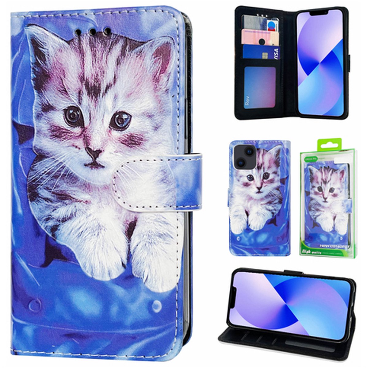 Telefoonhoesje Geschikt voor iPhone 14 Pro - Bookcase - Kat printje - Ruimte voor 3 pasjes