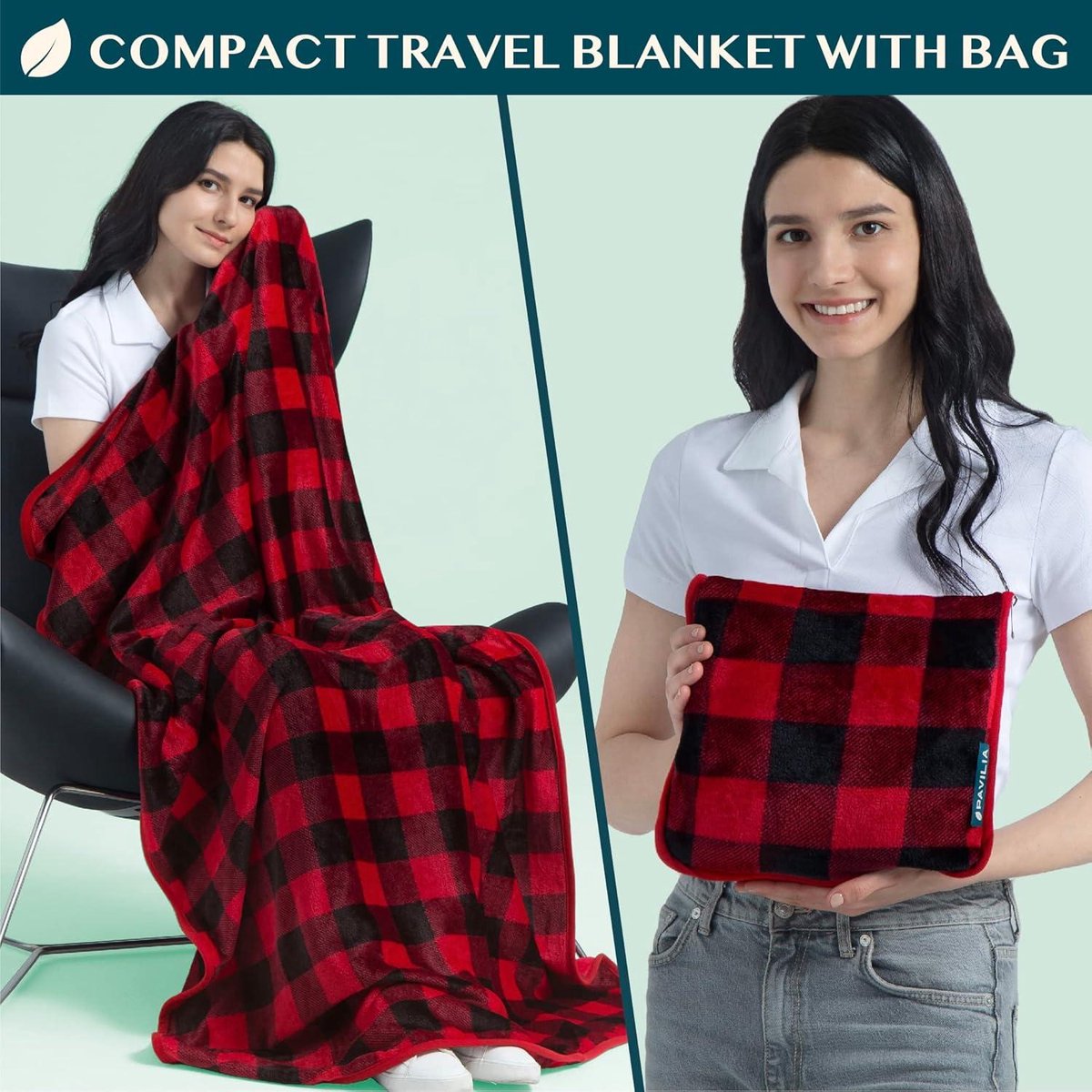 PAVILIA Reisdeken en kussen, warme zachte fleece 2-in-1 combo-deken voor vliegtuig, camping, autoritten | grote compacte dekenset met bagageriem en rugzakclip, 60 x 43 cm (effen zwart
