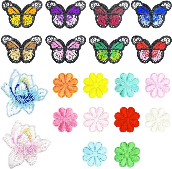 Applique Patches Naaien Patches voor Kleding Geborduurde Patch Bloemen Opstrijkbare Patches voor Jeans Rugzakken Schoenhoed Tas Jassen, Bloemen Vlinders Patroon voor Kinderen Volwassenen Kledingstuk