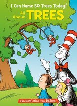 Boek kaft met de titel 'I Can Name 50 Trees Today! All About TREES'. De Kat met de hoed en twee kinderen kijken naar springende wezentjes in een boom.
