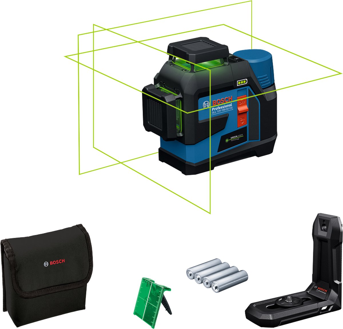 Bosch Professional GLL 12V-100-33 CG - Lijnlaser - Inclusief 4x batterij - Laserrichtbord - Houder - Batterij-adapter - tas