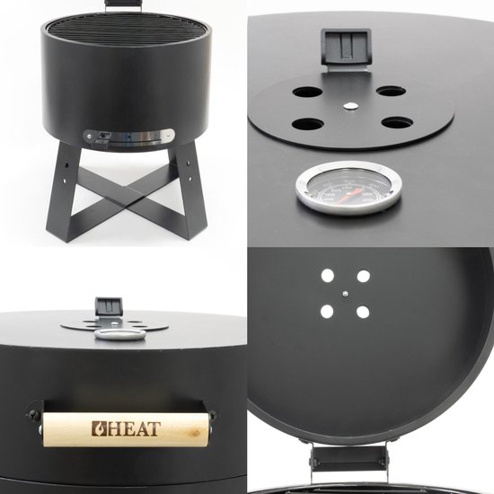 HEAT Houtskool Barbecue - Compacte Draagbare BBQ met Thermometer en Luchtregulatie - Zwart Staal - Inclusief Houten Handvat met Merklogo en Stalen Grillrooster - Ideaal voor Camping, Tuinfeesten en Picknicks - 40x40x57 cm van HEAT — afbeelding 5