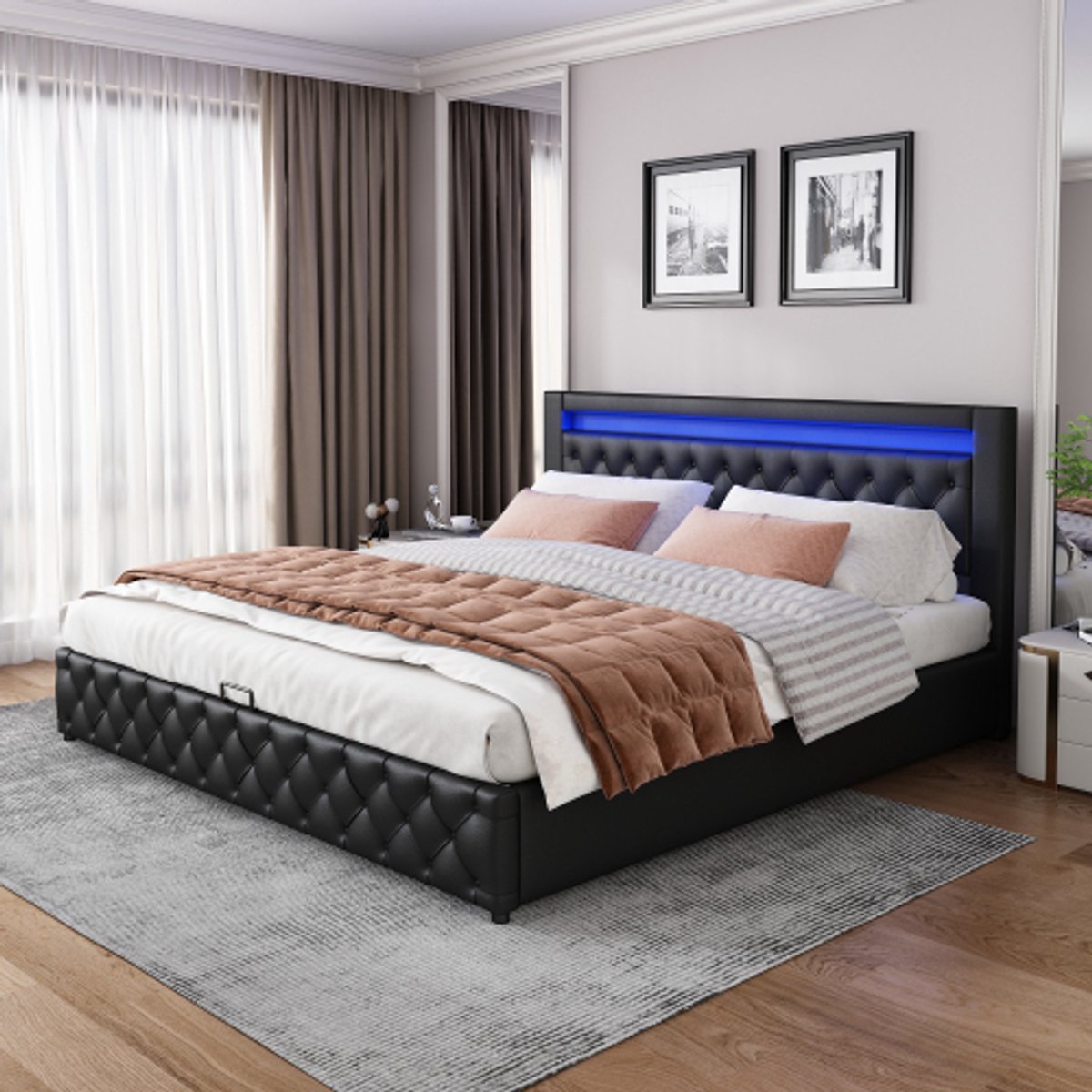 vidaXL Gestoffeerd bed 140 x 200 cm, functioneel bed met lattenbodem en opbergruimte, met ledverlichting, met opbergfunctie, zwart, PU