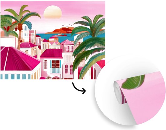 Behang - Fotobehang Stad - Roze - Palmbomen - Breedte 320 cm x hoogte 240 cm