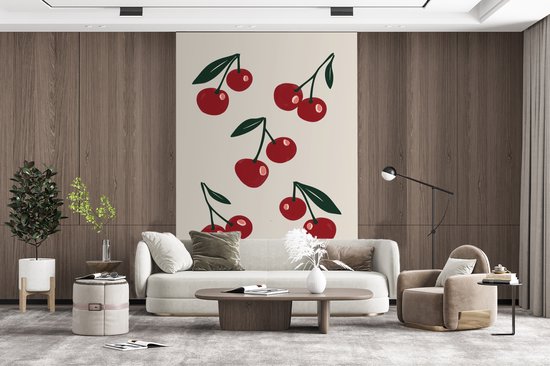 Behang - Fotobehang Kersen - Blaadjes - Rood - Breedte 195 cm x hoogte 300 cm