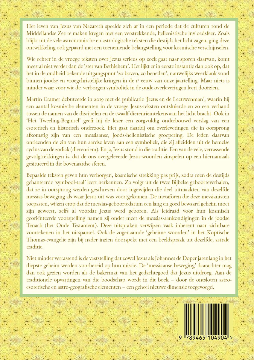 Achterkant boek met ISBN en tekst over Jezus, Martin Cramer en het Tweeling-Beginsel