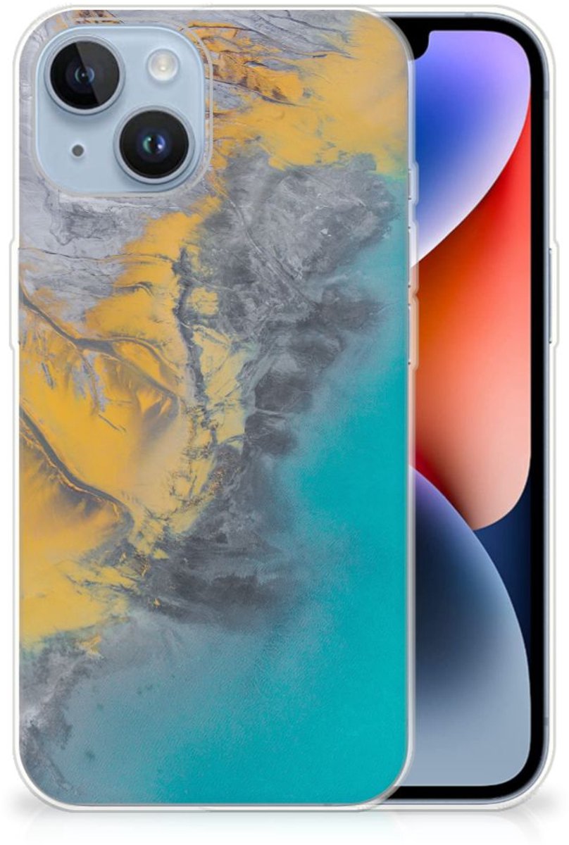 Apple iPhone 14 TPU Siliconen Hoesje Marble Blue Gold
