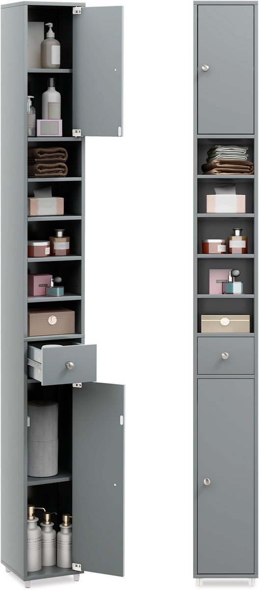 COSTWAY Badkamerkast hoog kast smal, Opbergkast met 2 deuren, 1 lade en verstelbare planken, ruimtebesparend badkamerrek voor badkamer, woonkamer, keuken, 20 x 20 x 180 cm