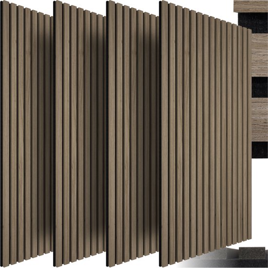 tectake® Set van 4 akoestische panelen Sonic Wall - Geluidsabsorberend paneel - Geluidsdemping - Akoestisch wandpaneel - 120x60x2,1cm - Akoestische wanddecoratie - Donker eiken