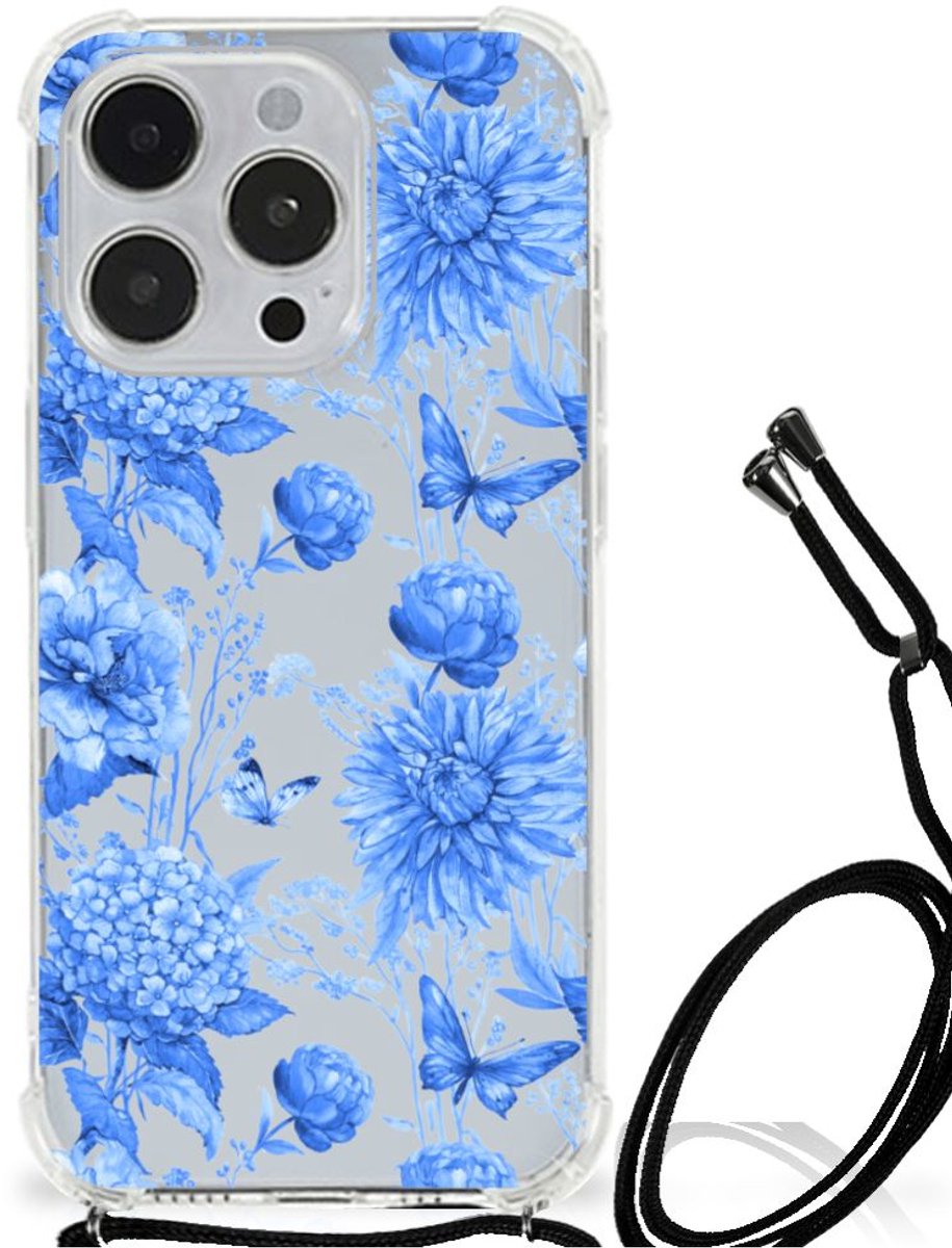 TPU Case Anti-Shock met Koord voor Case voor iPhone 14 Pro Max Flowers Blue