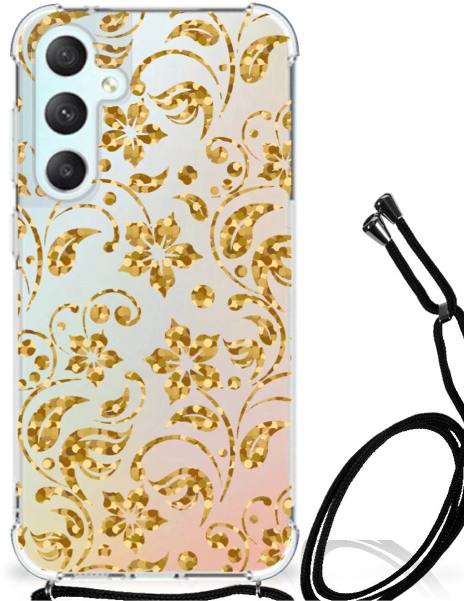 TPU Case Anti-Shock met Koord voor Samsung Galaxy S23 FE Case Gouden Bloemen