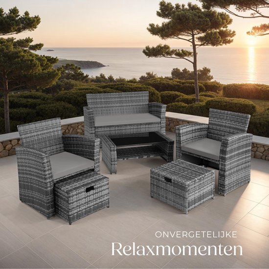 tectake® - wicker tuinzitgroep voor 4 personen met kruk, poly rotan tuinmeubelset met ingebouwde opbergbox in de bank - grijs - incl. beschermhoes