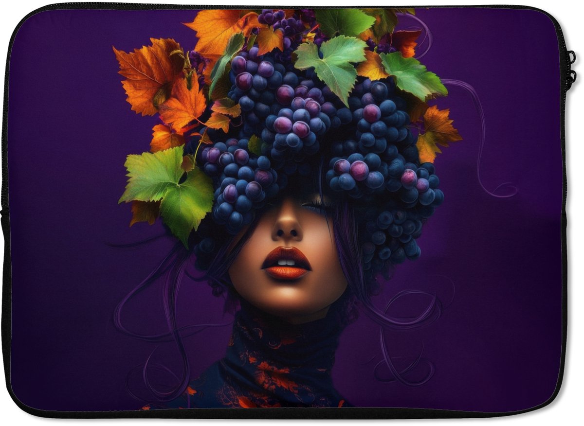 Laptophoes 13 inch - Vrouw - Paars - Druiven - Laptop sleeve - Binnenmaat 32x22,5 cm - Zwarte achterkant