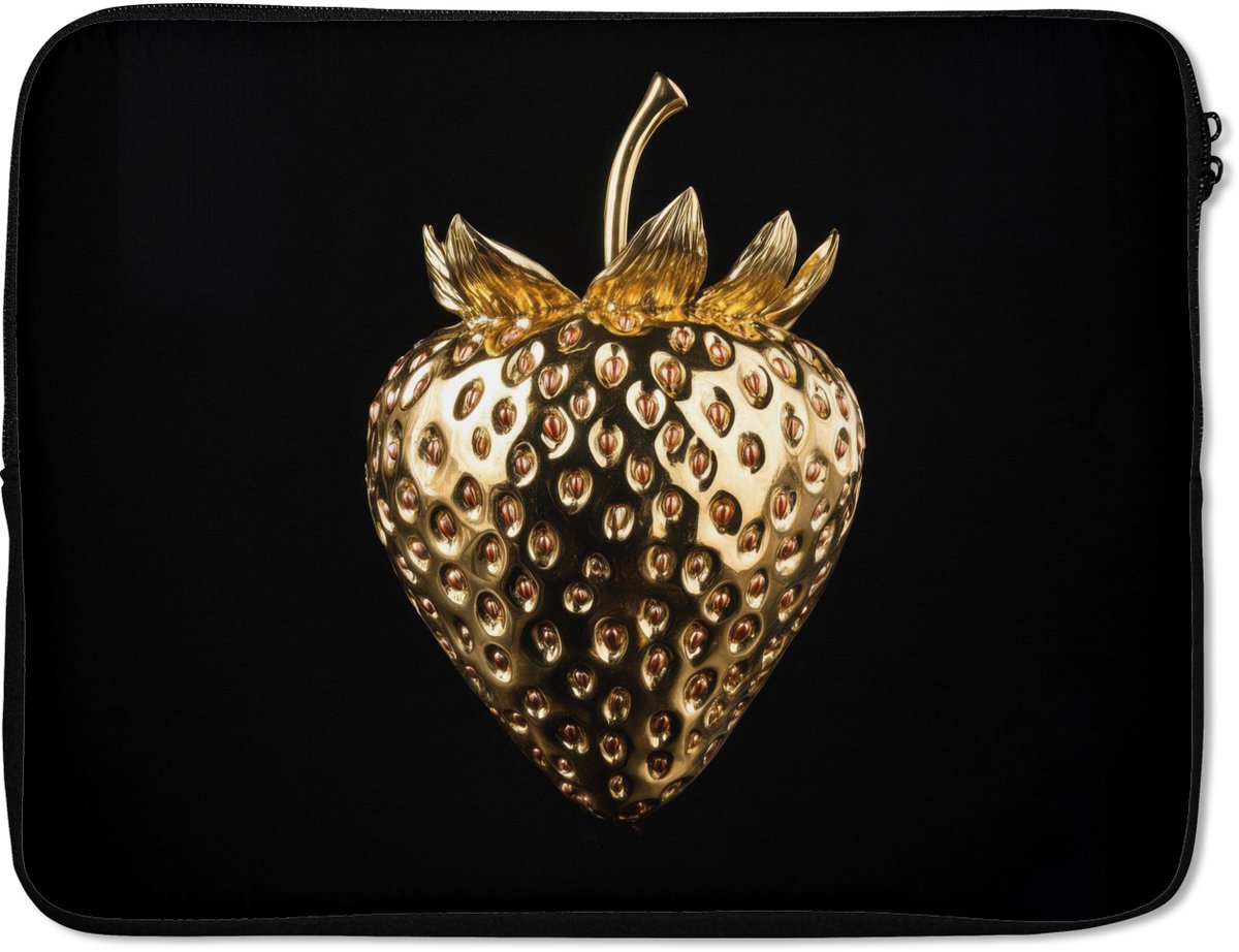 Laptophoes 17 inch - Aardbei - Goud - Zwart - Chrome - Laptop sleeve - Binnenmaat 41x28 cm - Zwarte achterkant