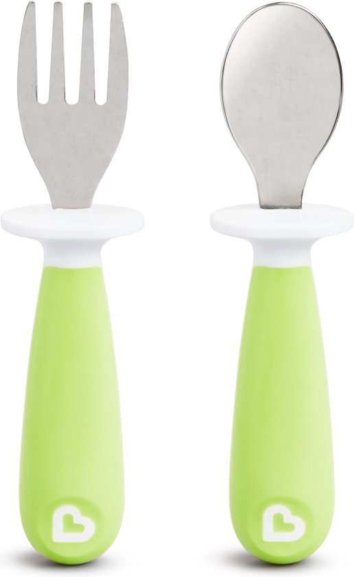 Couverts pour enfants Munchkin - Fourchette et cuillère pour tout-petits - Raise - 2 pièces - à partir de 12 mois - Ensemble de couverts en acier inoxydable - Vert