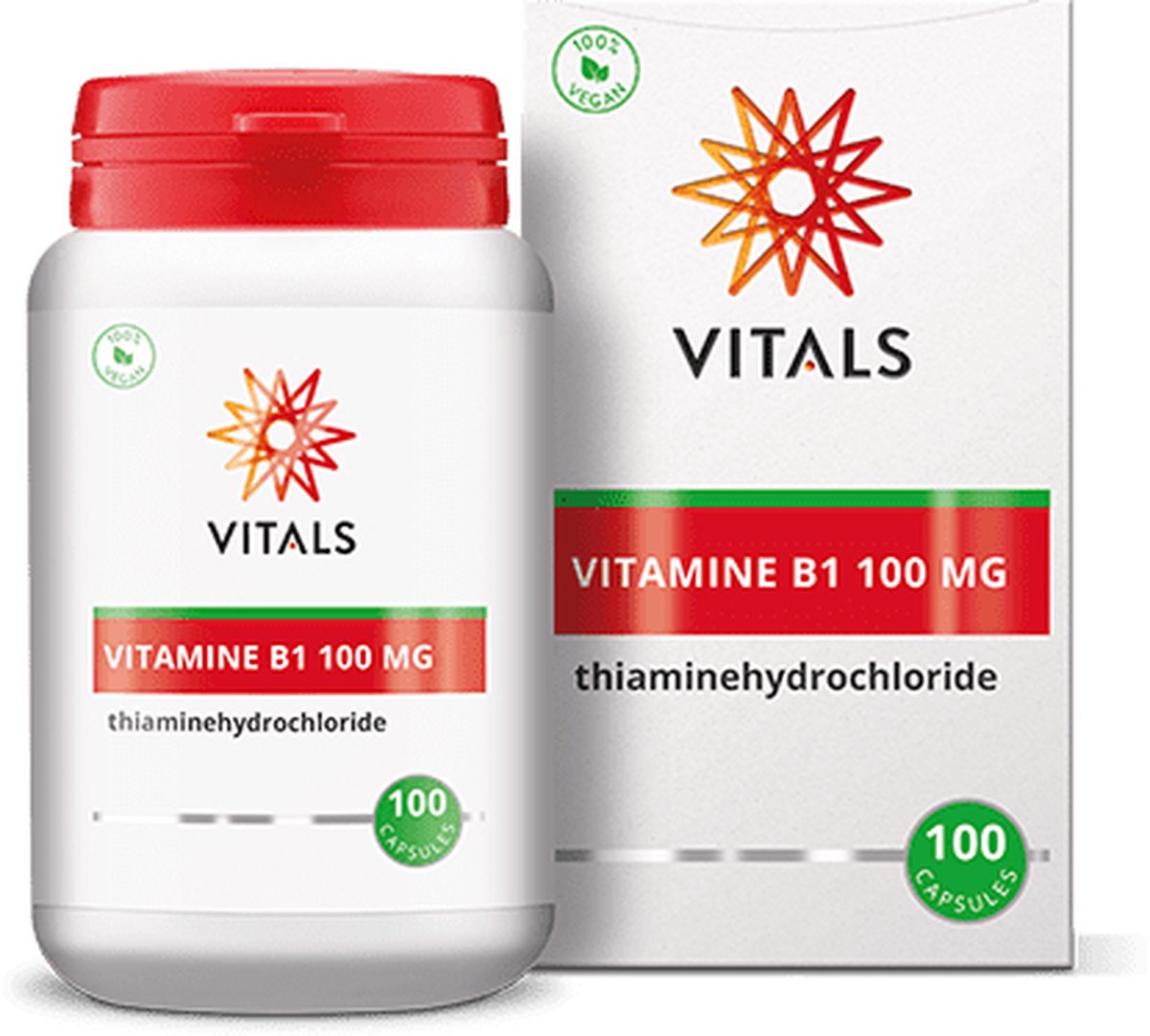 Goedkoopste Vitals Vitamine B1 100 mg - 100 capsules. Bevat een ruime dosering Thiamine in zuivere vorm.