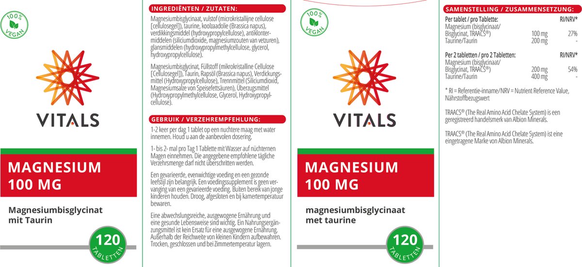 Vitals Magnesium bisglycinaat met taurine 100 mg - 120 tabletten - mineralen. Hoogwaardig aminozuurchelaat (magnesiumbisglycinaat). — afbeelding 4