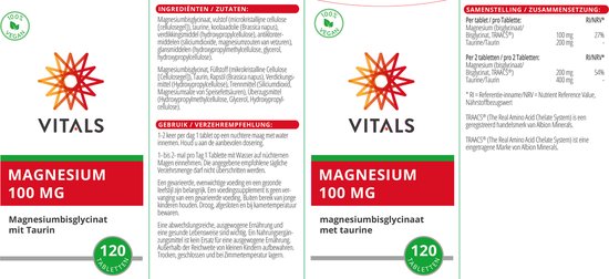 Verpakking met Vitals Magnesium 100 MG met Taurine, 120 tabletten. Met ingrediënten, samenstelling en gebruik.