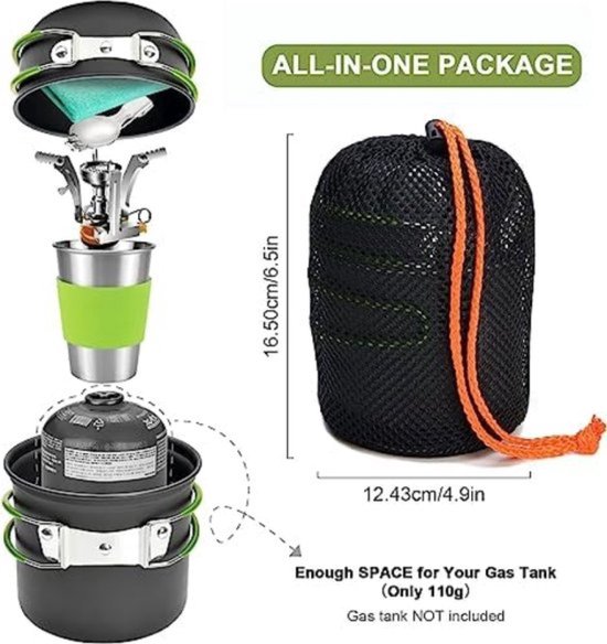 Camping kookgerei Kit met Fornuis, Outdoor Koken Set Niet Stick Pot en Pans Lichtgewicht Rugzak Wandelen Utensil Gear voor 1 tot 2 Personen Reizen Trekking en Camping — afbeelding 3